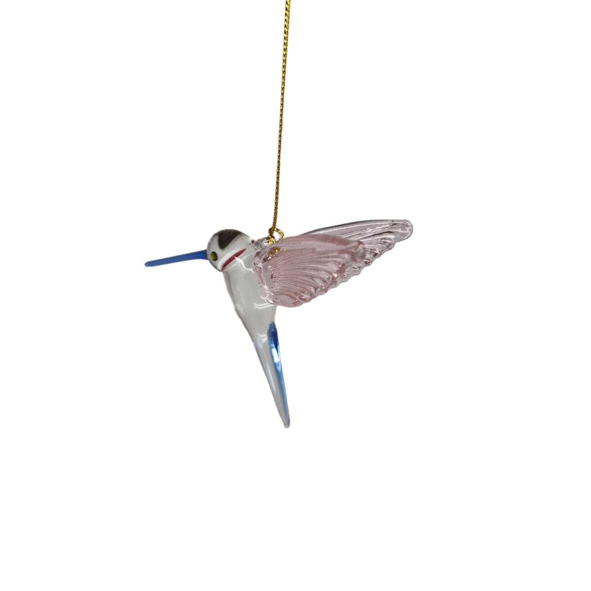 Feeding Hummingbird glass Ornament - Pink Wings / Blue Tail / Blue Beak