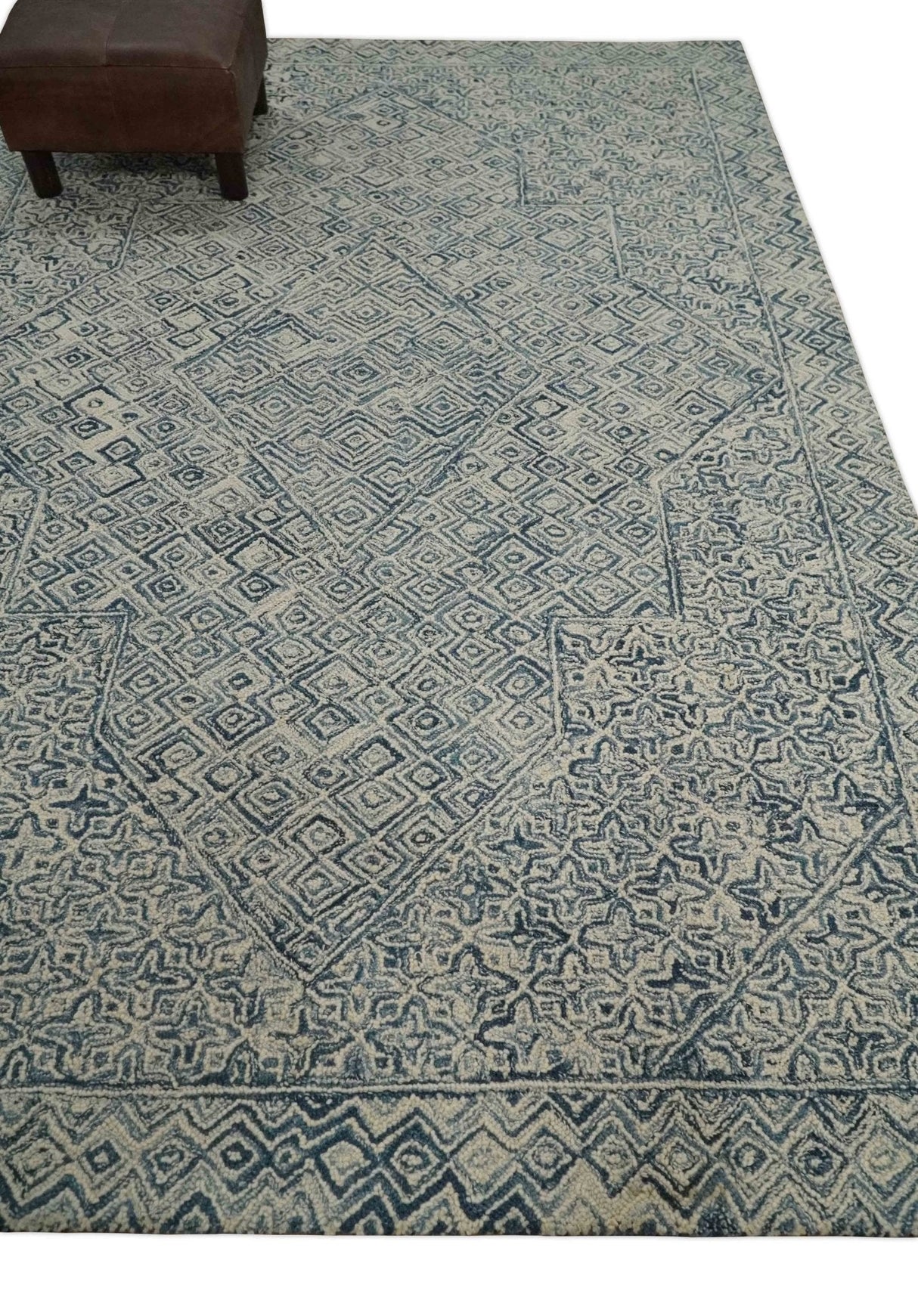 Mid Century Modern Hand Tufted 2x3, 3x5, 5x8, 6x9, 8x10 and 9x12 Woolen Beige and Blue Area Rug | MIR1