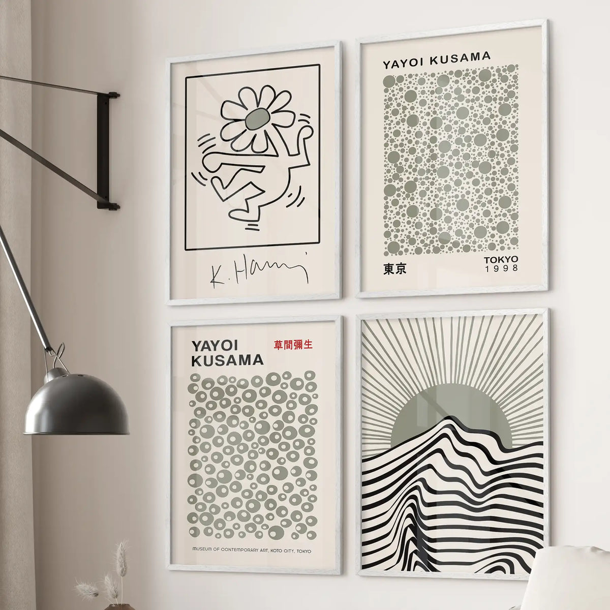 Boho Modern Abstract Set of 4 Prints. Kusama, Haring, Bauhaus