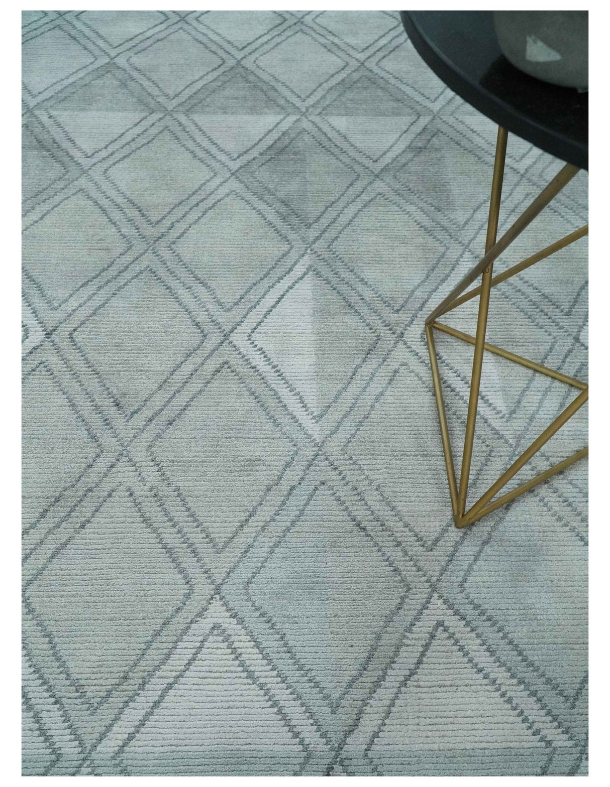 Modern 8x10 Silver, Ivory and Charcoal Geometrical Handmade Art Silk Area Rug
