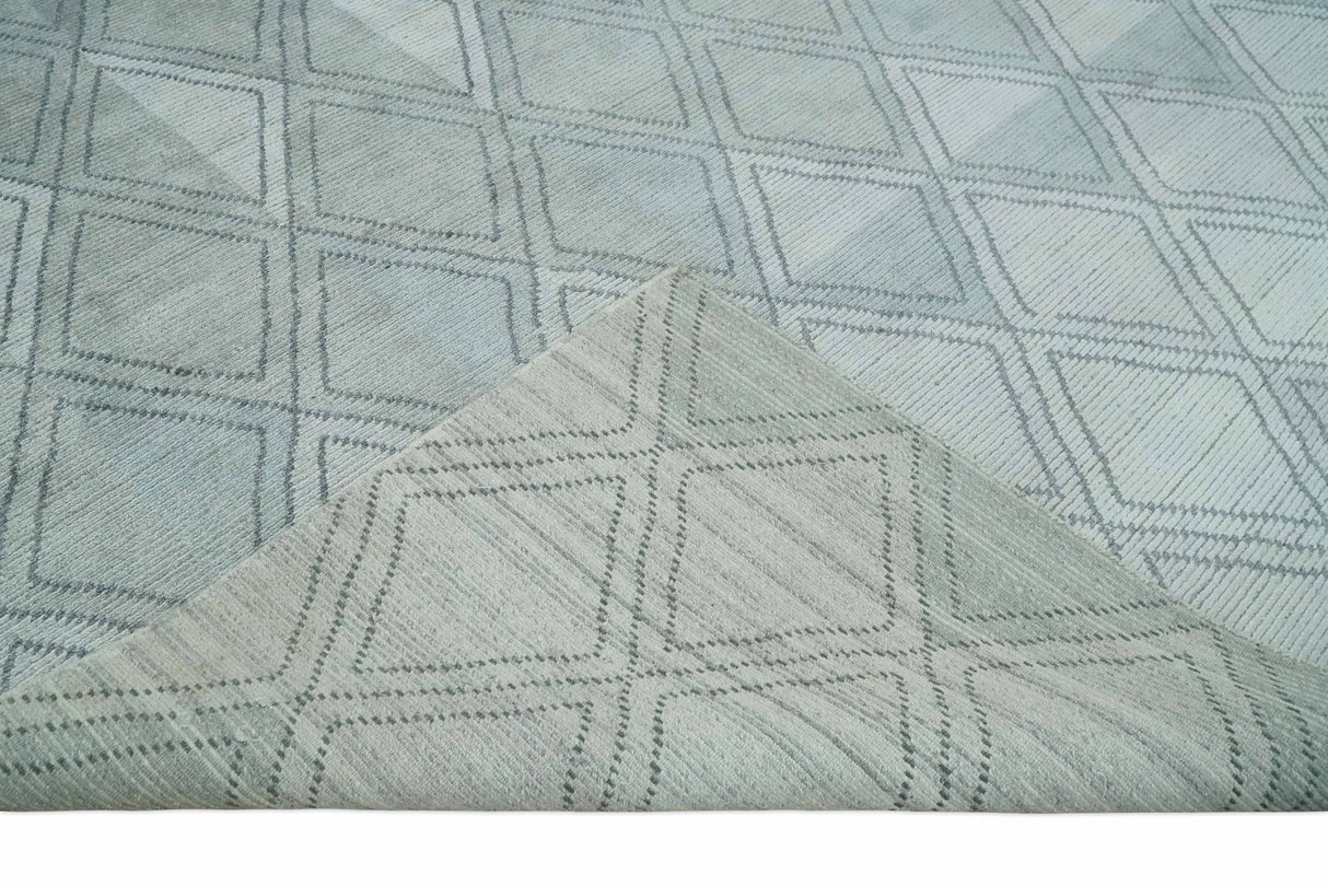Modern 8x10 Silver, Ivory and Charcoal Geometrical Handmade Art Silk Area Rug