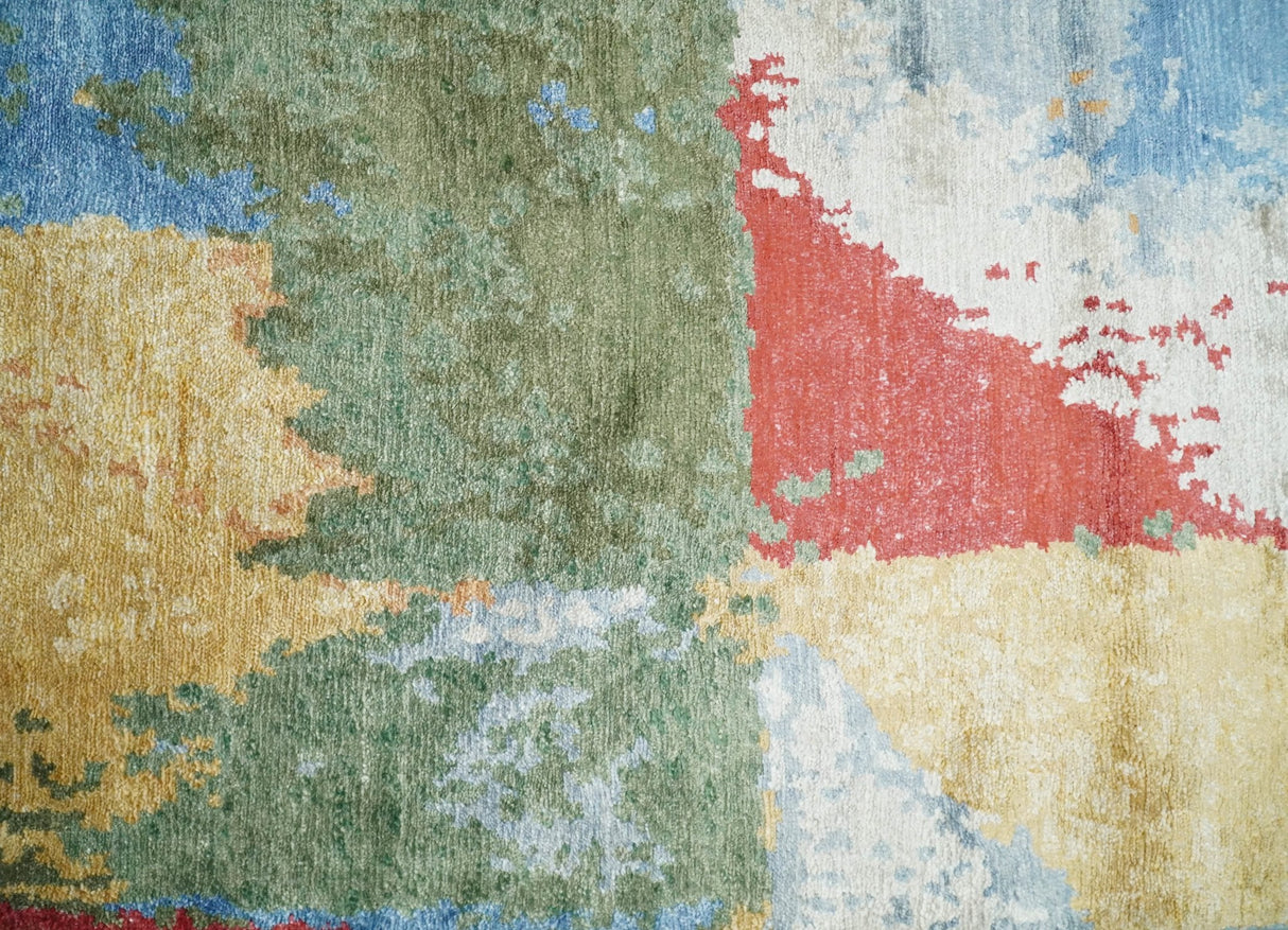 Modern Abstract 2x4 Blue, Red and Gold Hand Knotted bamboo silk Area Rug