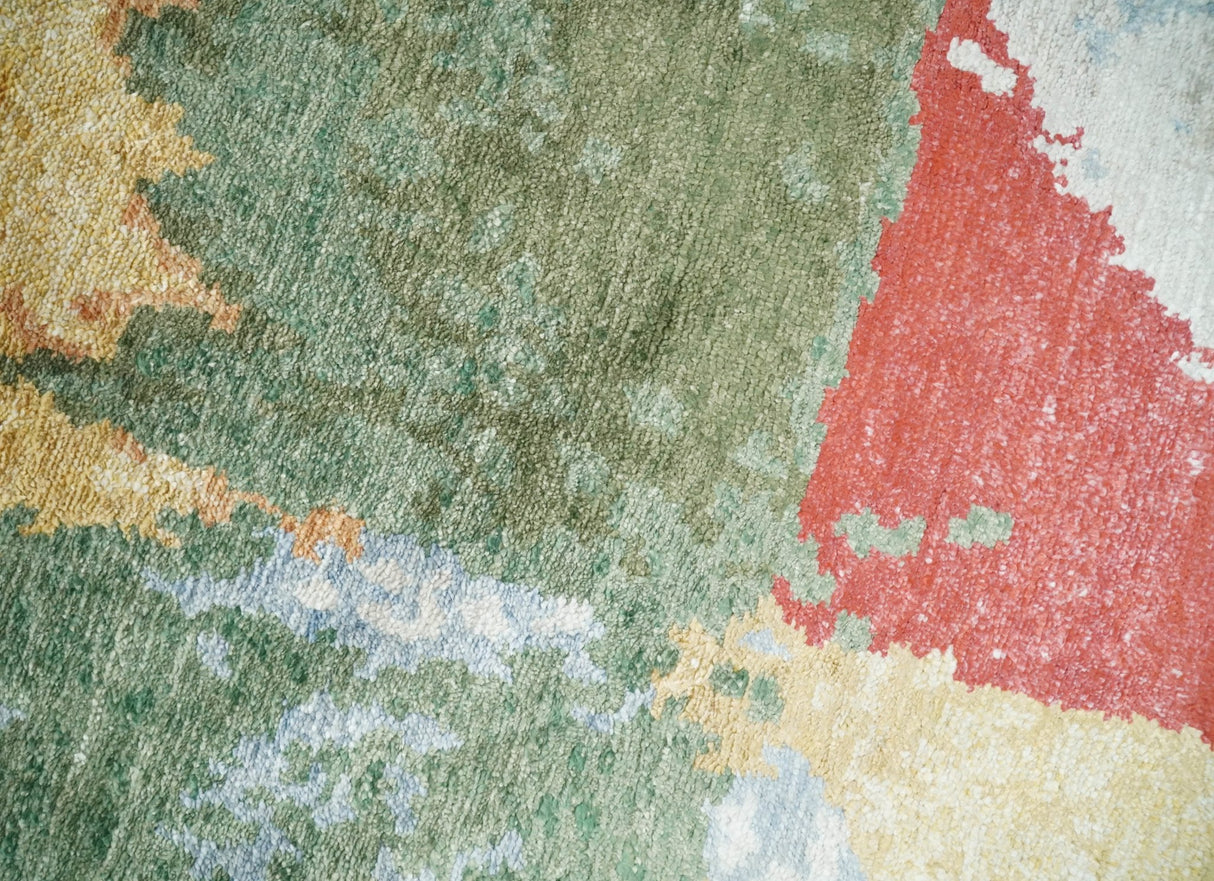 Modern Abstract 2x4 Blue, Red and Gold Hand Knotted bamboo silk Area Rug