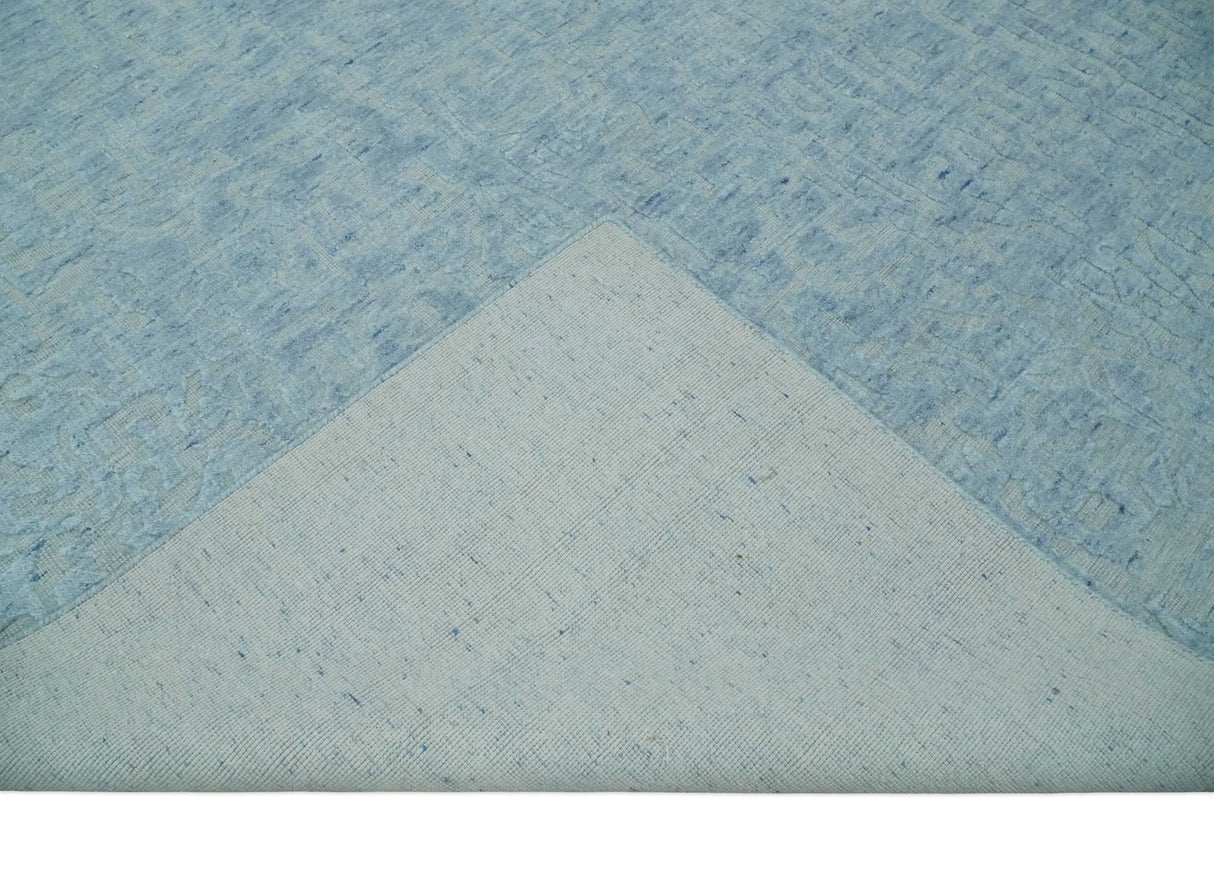 Modern Abstract 8x10 Hand Loomed Silver and Aqua High Low Pile Blended Wool Rug