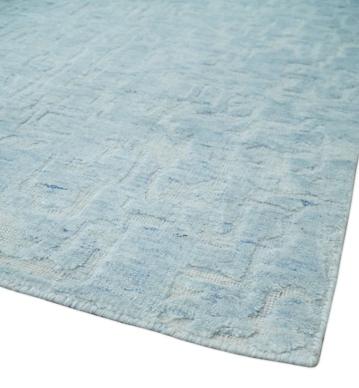 Modern Abstract 8x10 Hand Loomed Silver and Aqua High Low Pile Blended Wool Rug