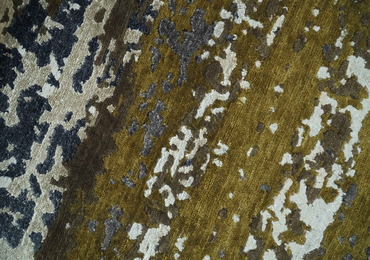 Modern Abstract 8x10 Ivory, Olive and Dark Blue Hand Knotted Bamboo Silk Area Rug