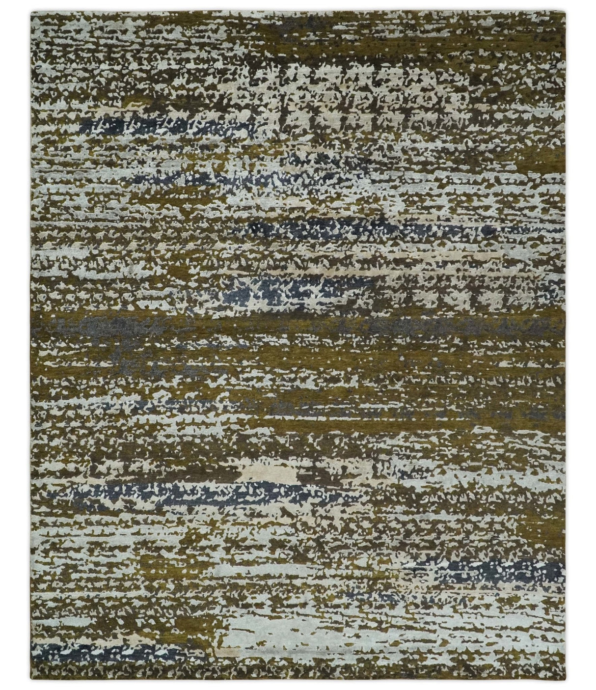 Modern Abstract 8x10 Ivory, Olive and Dark Blue Hand Knotted Bamboo Silk Area Rug