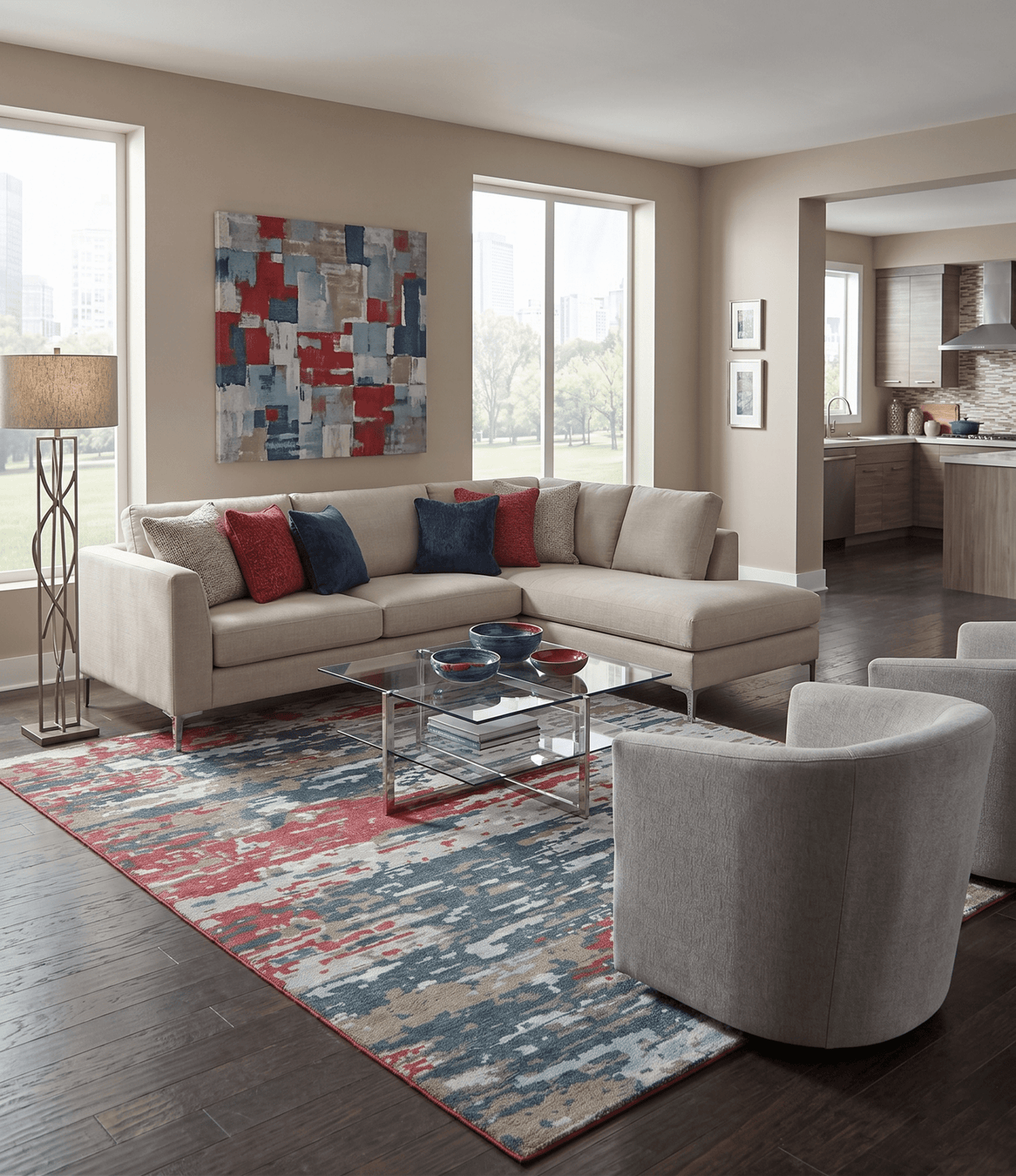 Modern Abstract Ivory and Blue 8x10 Hand Knotted Low Pile Wool Rug