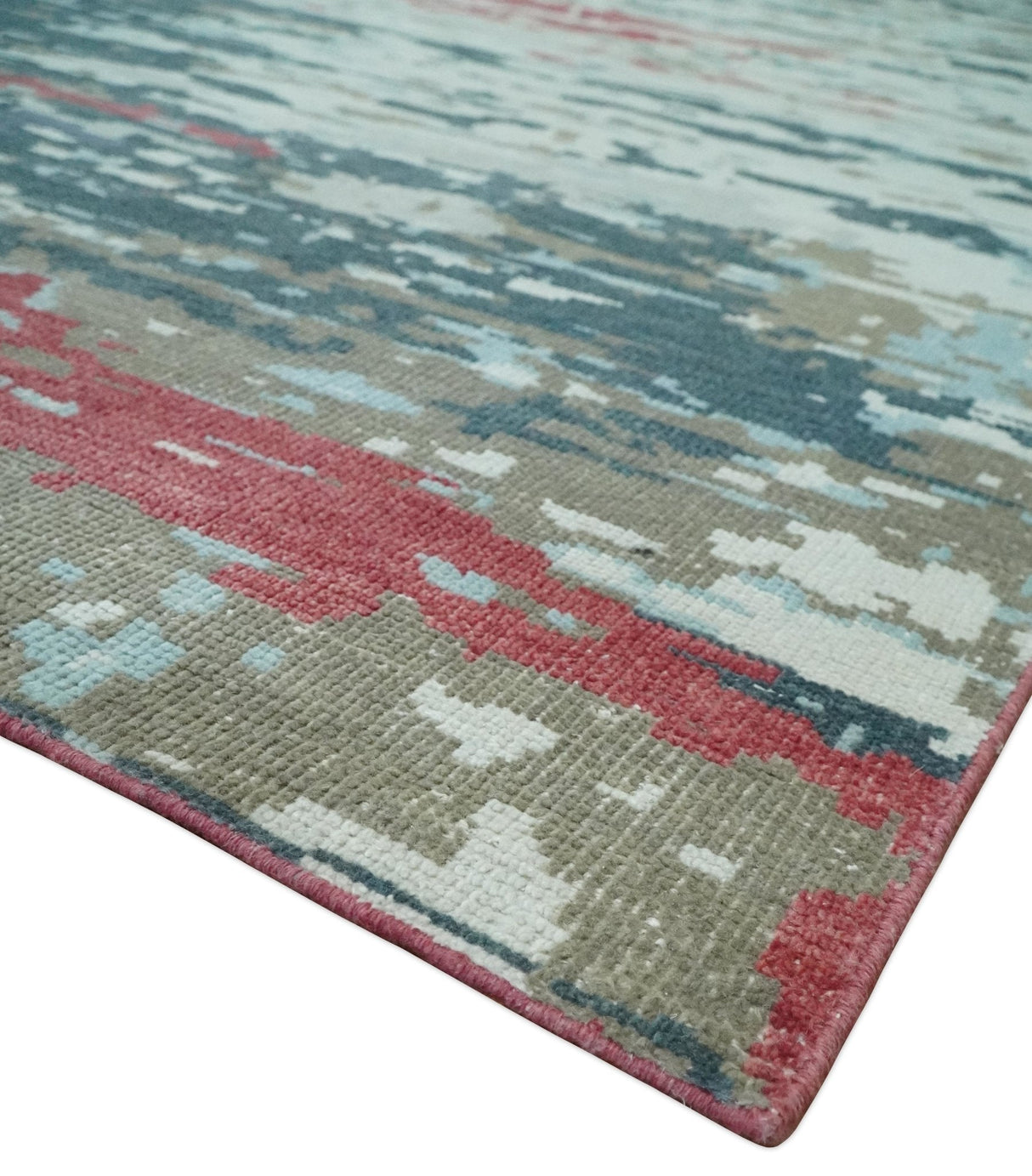 Modern Abstract Ivory and Blue 8x10 Hand Knotted Low Pile Wool Rug