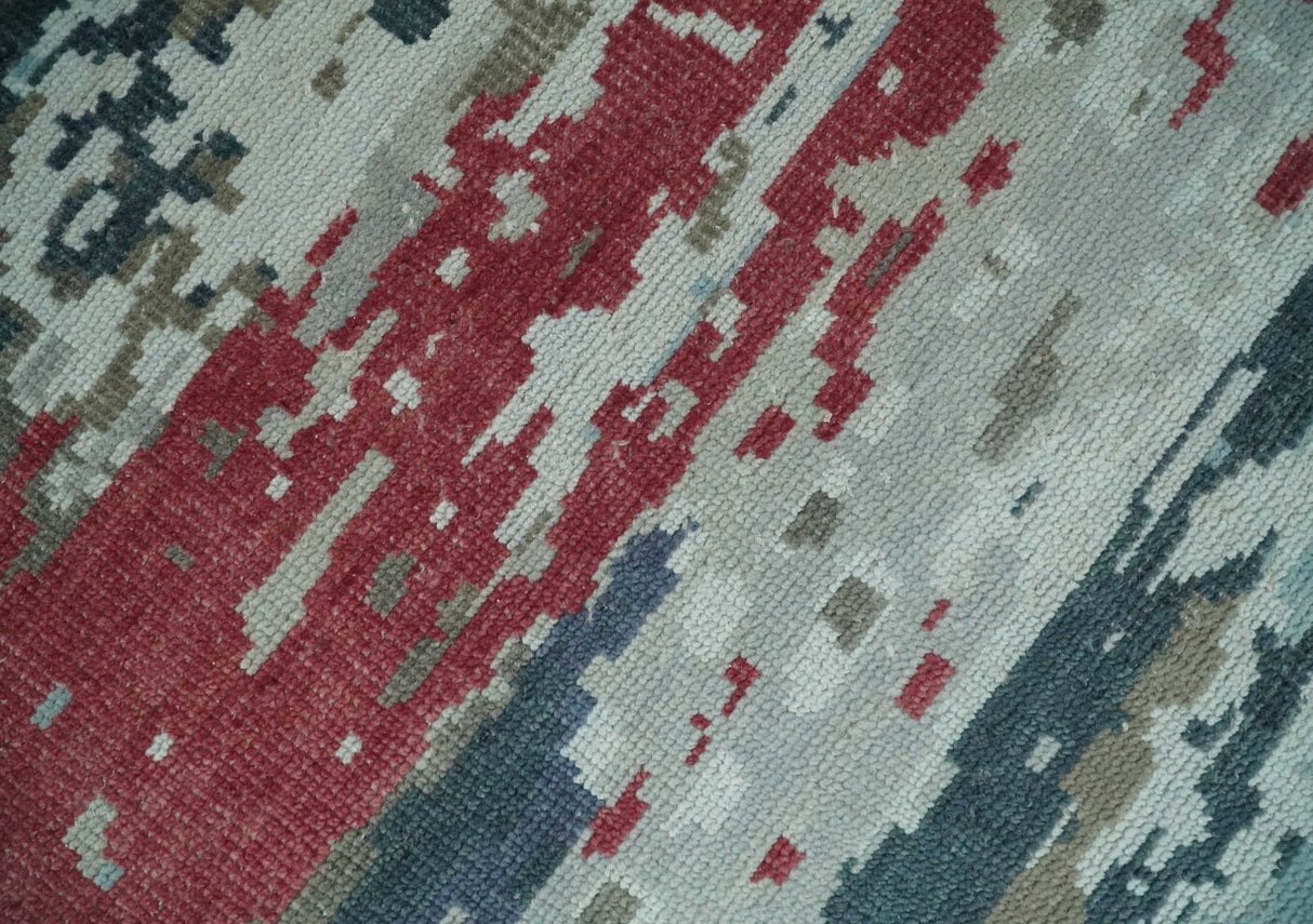 Modern Abstract Ivory and Blue 8x10 Hand Knotted Low Pile Wool Rug
