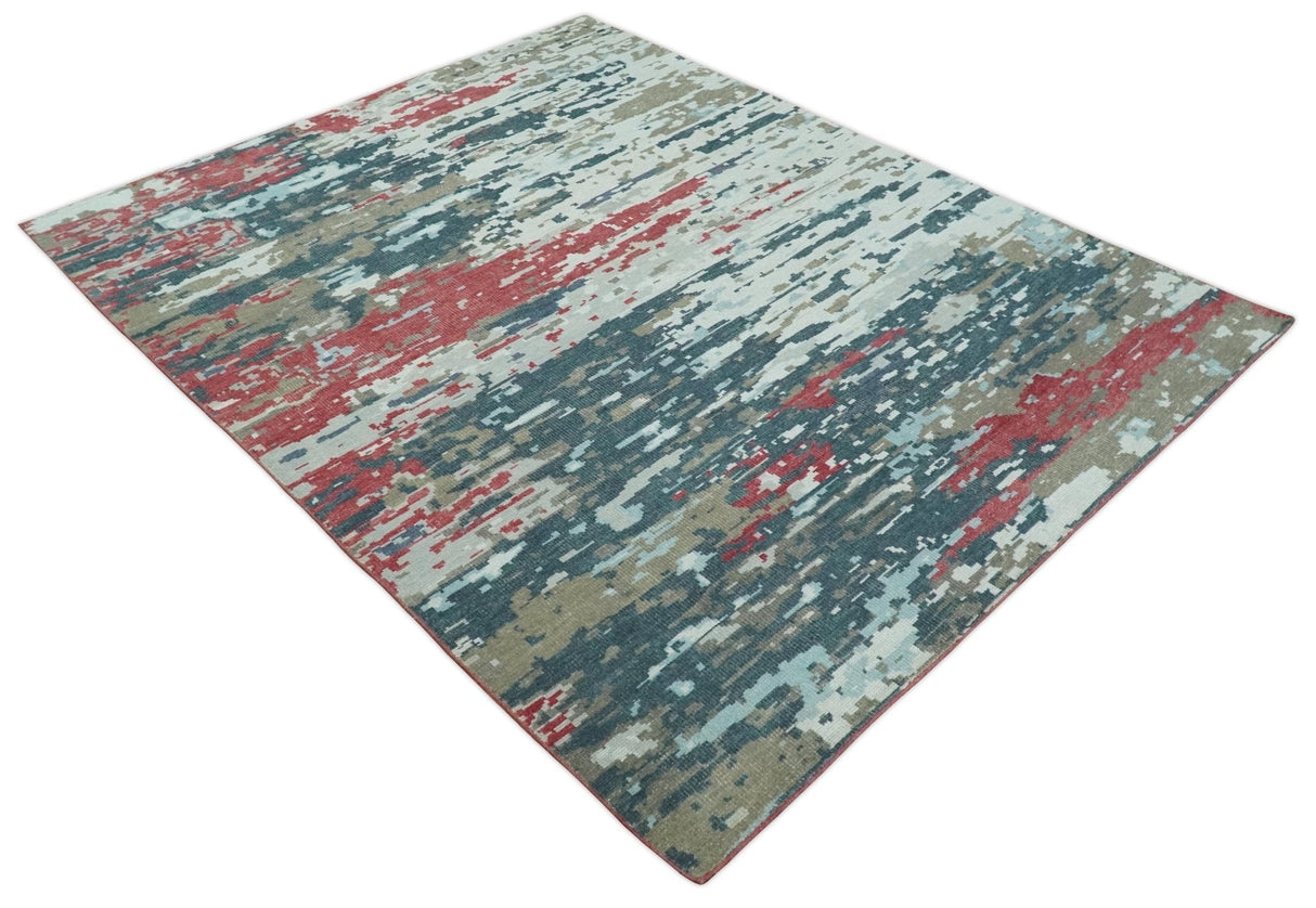 Modern Abstract Ivory and Blue 8x10 Hand Knotted Low Pile Wool Rug