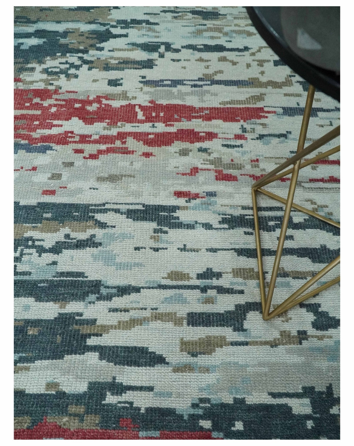 Modern Abstract Ivory and Blue 8x10 Hand Knotted Low Pile Wool Rug