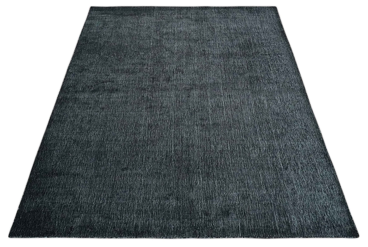 Modern Classic 8x10 Solid Plain Black and Silver Blended Hand Loomed Modern Scandinavian Art Silk Area Rug