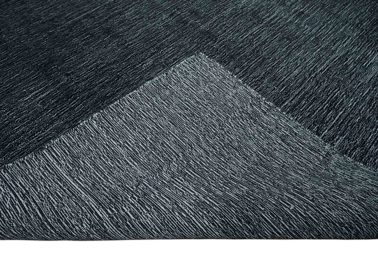 Modern Classic 8x10 Solid Plain Black and Silver Blended Hand Loomed Modern Scandinavian Art Silk Area Rug