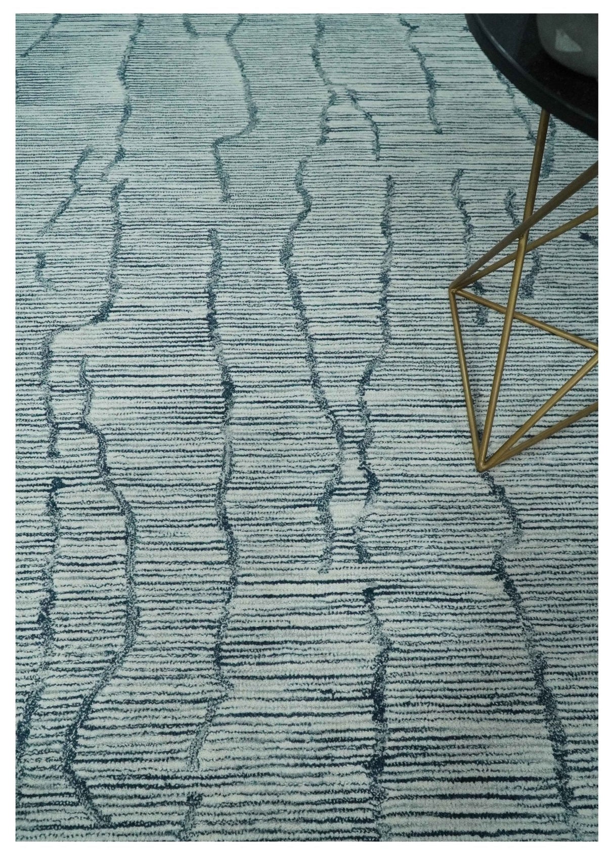 Modern Contemporary Woolen White and Blue Hand Tufted Area Rug