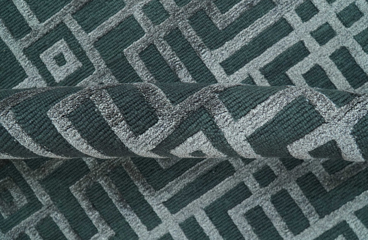 Modern Geometric Design Dark Teal And Silver 8x10 Hand Knotted Wool And Art Silk Rug