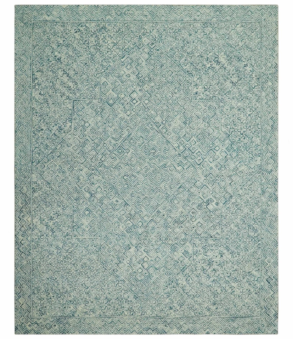 Modern Geometrical 8x10 Teal and Ivory Hand Tufted wool area rug