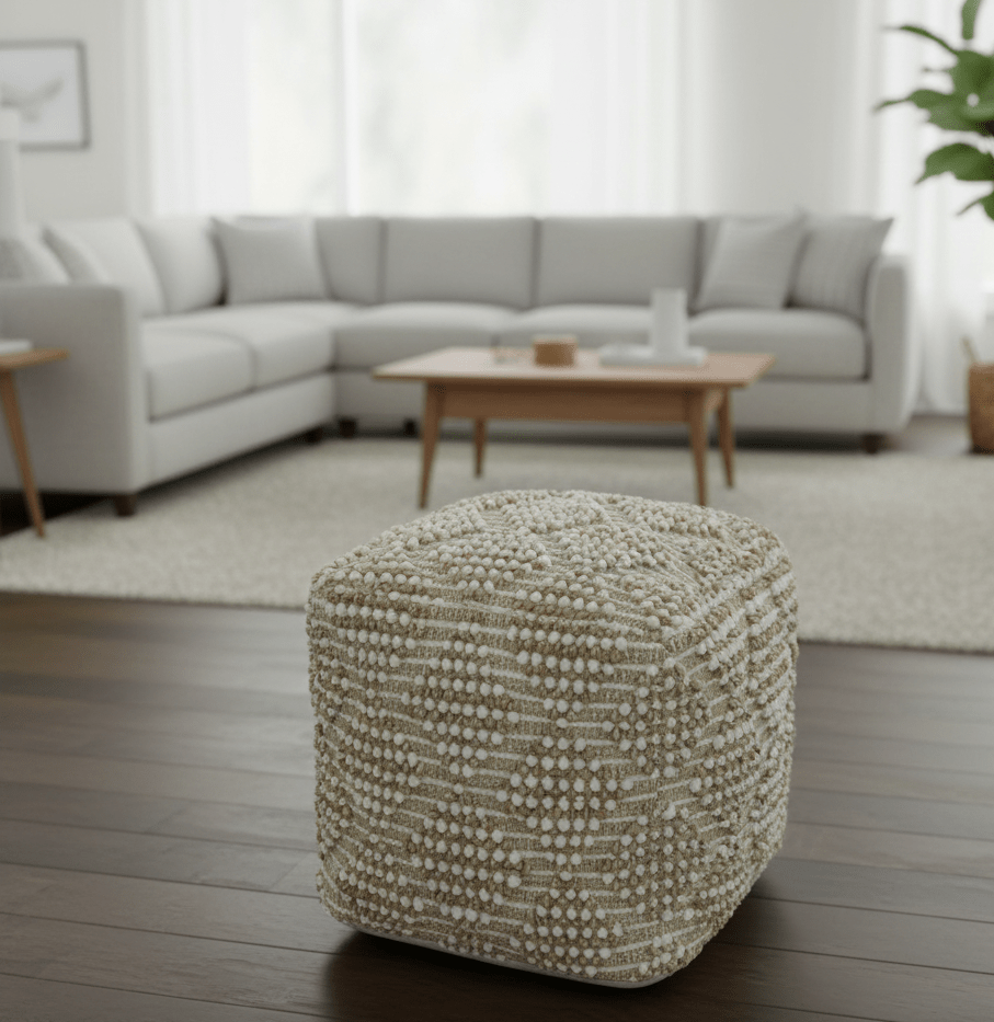 Modern Geometrical Natural Brown and Ivory Design Jute and wool Pouf
