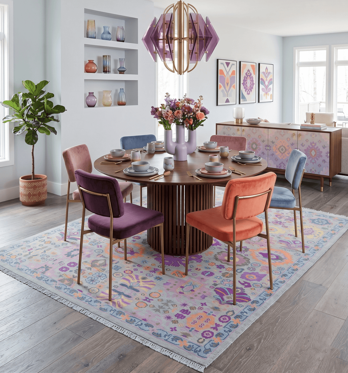 Modern Oushak Made to Order Purple And Ivory Hand Knotted Wool Rug