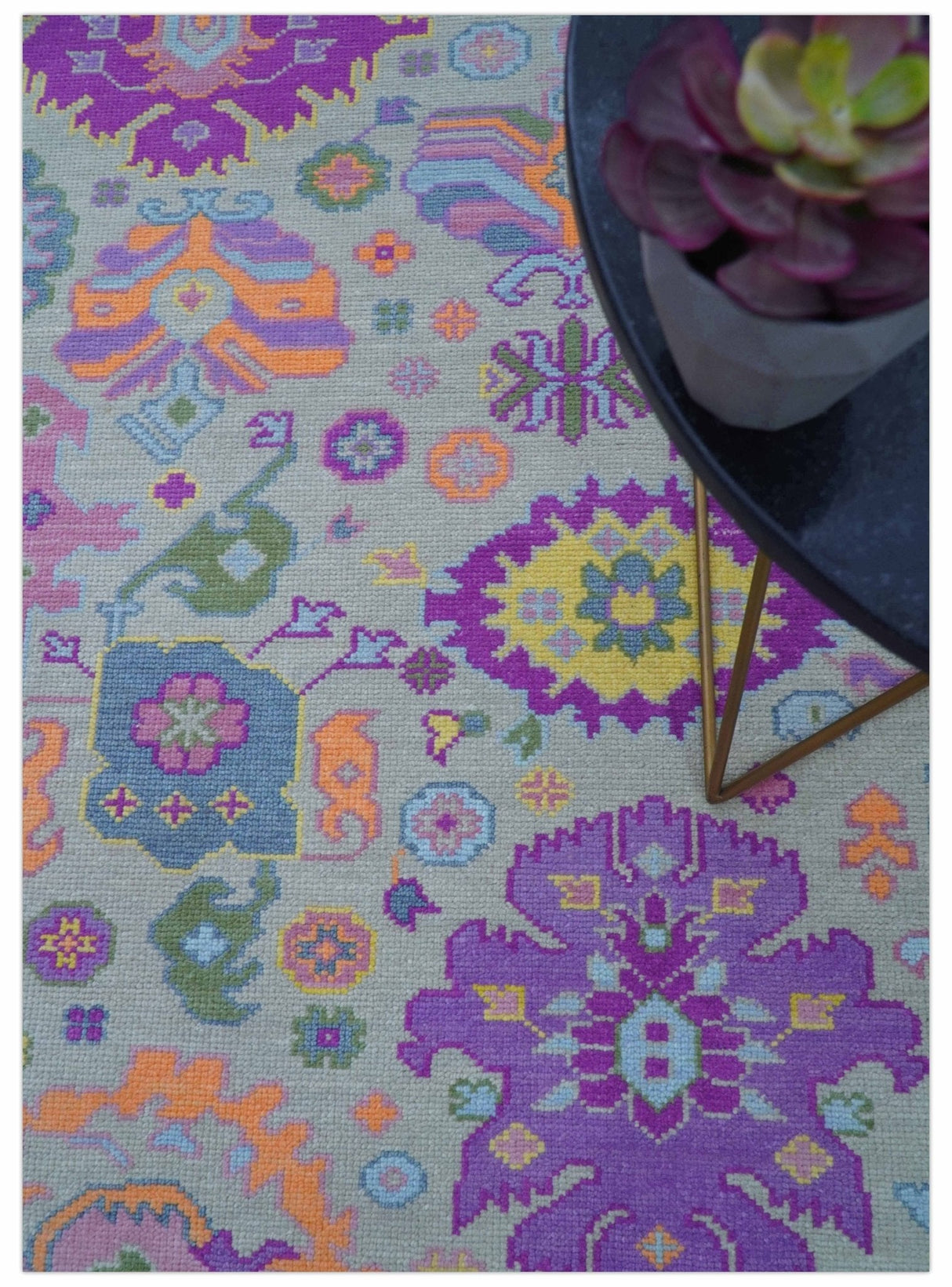Modern Oushak Made to Order Purple And Ivory Hand Knotted Wool Rug