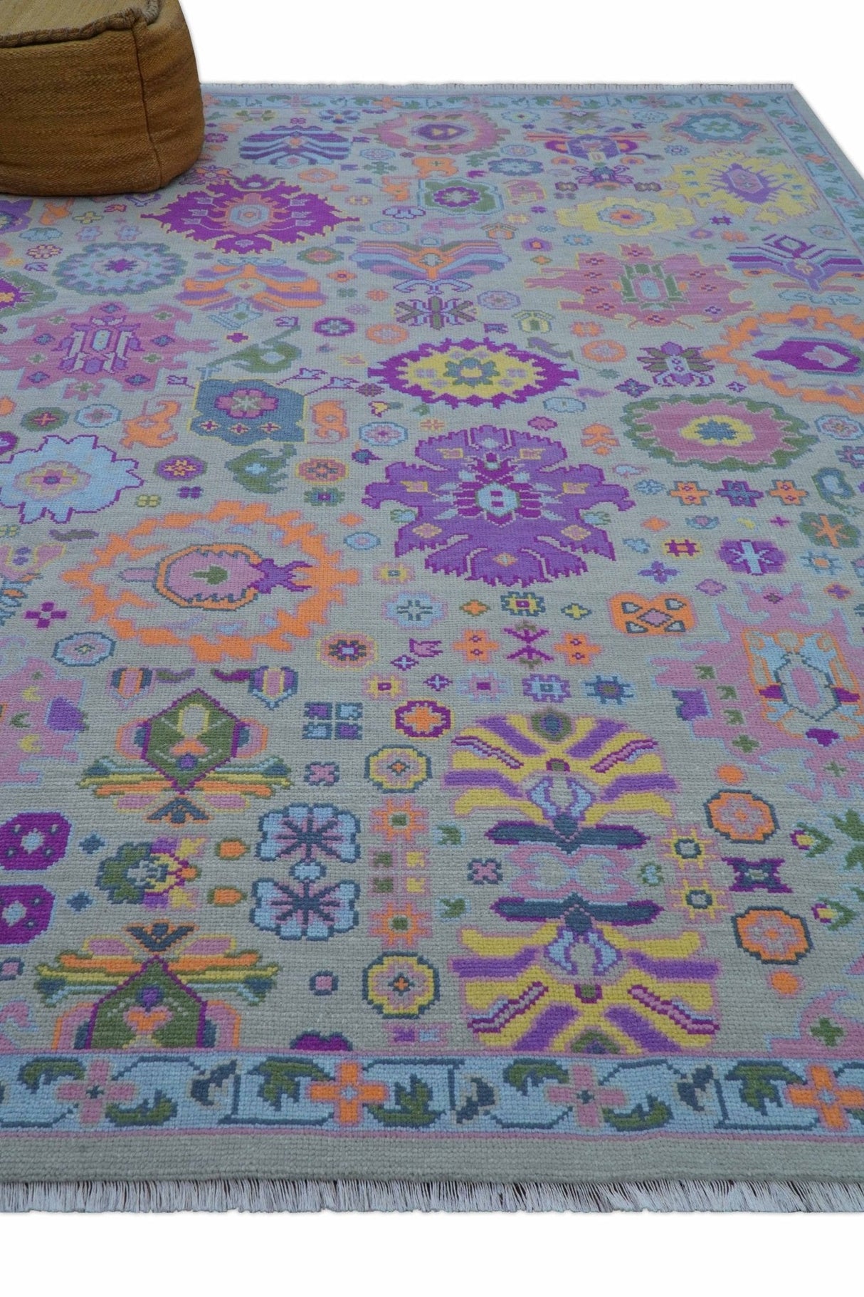 Modern Oushak Made to Order Purple And Ivory Hand Knotted Wool Rug