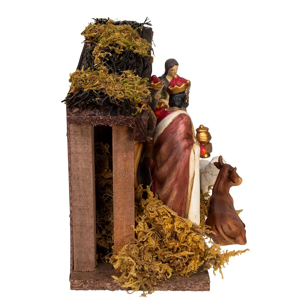 9 Piece Porcelain Nativity Figures With Wooden Stable - 5 Inch Scale