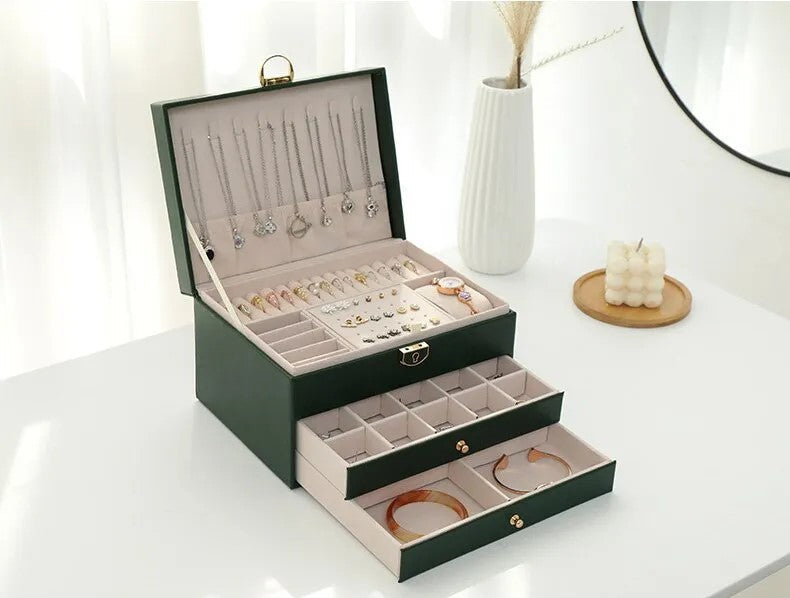 3 Layer Leather Jewelry Box Organizer Case with Compartments 23x17cm