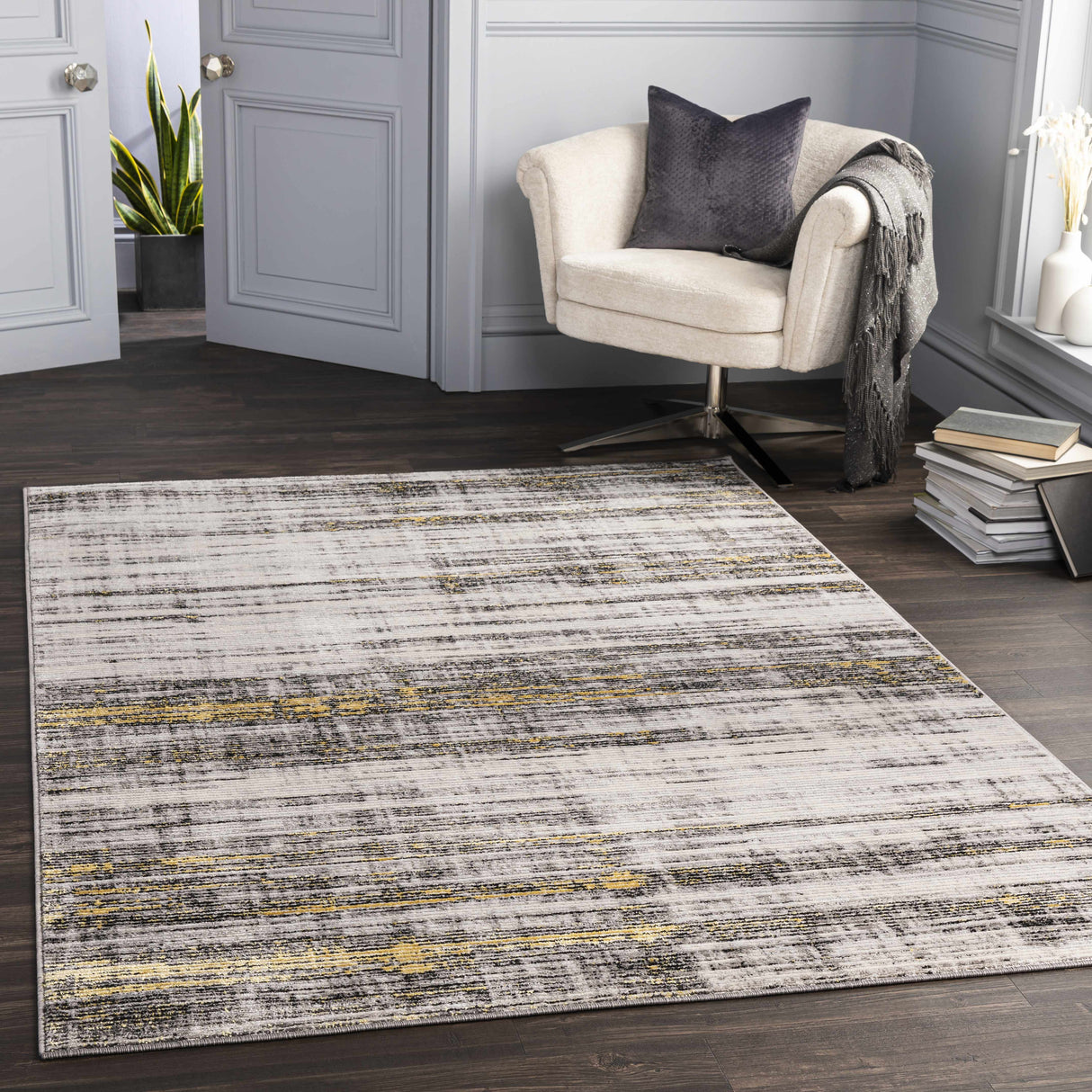 Moy Gray&Yellow Striped Area Rug - Clearance