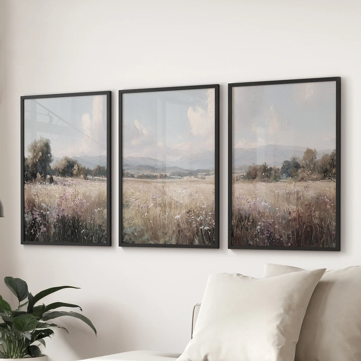 Pastel Meadow Landscape. Set of 3 Wildflower Prints