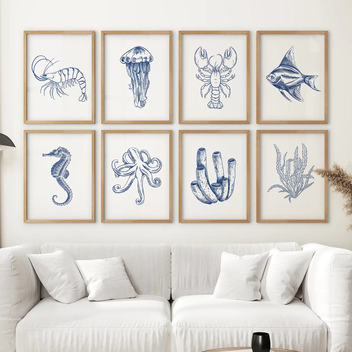 Blue Sea Life Wall Art. Set of 8 Nautical Ocean Animal