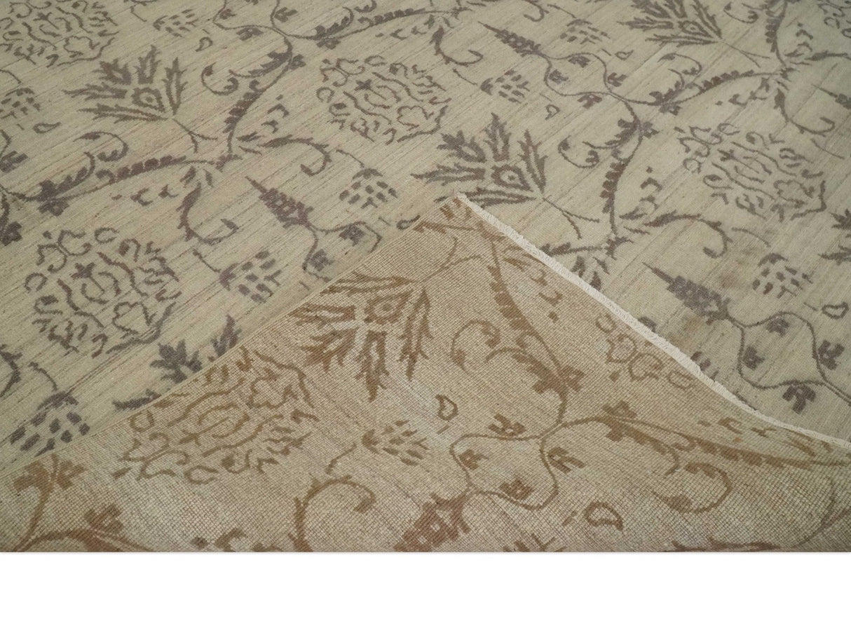 Neutral 8x10 Hand Knotted Camel and Brown Floral Traditional Antique Style Wool Area Rug