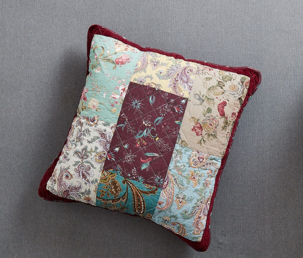 DaDa Bedding Patchwork Burgundy Red Velvet Floral Euro Pillow Cover, 26" x 26" (JHW-868)