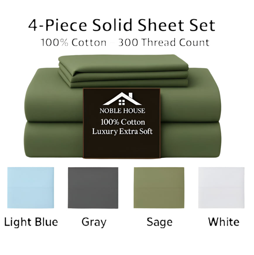 4-Piece 100% Cotton Solid Sheet Set – 300 Thread Count, Luxury Extra Soft