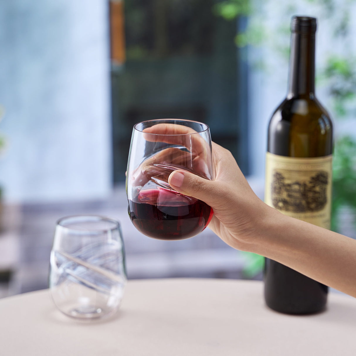 Barcelona Acrylic Stemless Finger-Indent Wine Glassware, Set of 2