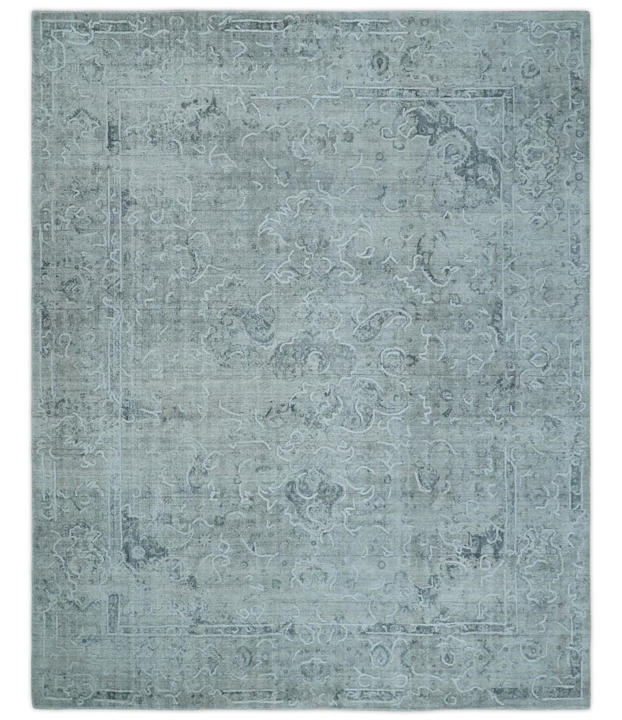 One of a Kind Traditional 8x10 Ivory, Gray and Charcoal Traditionally Hand Loomed Art Silk Area Rug