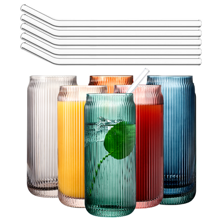 Tonal-Ribbed-Soda-Can-Highball-Glassware-&-6-Glass-Straws,-Set-of-6-Highball
