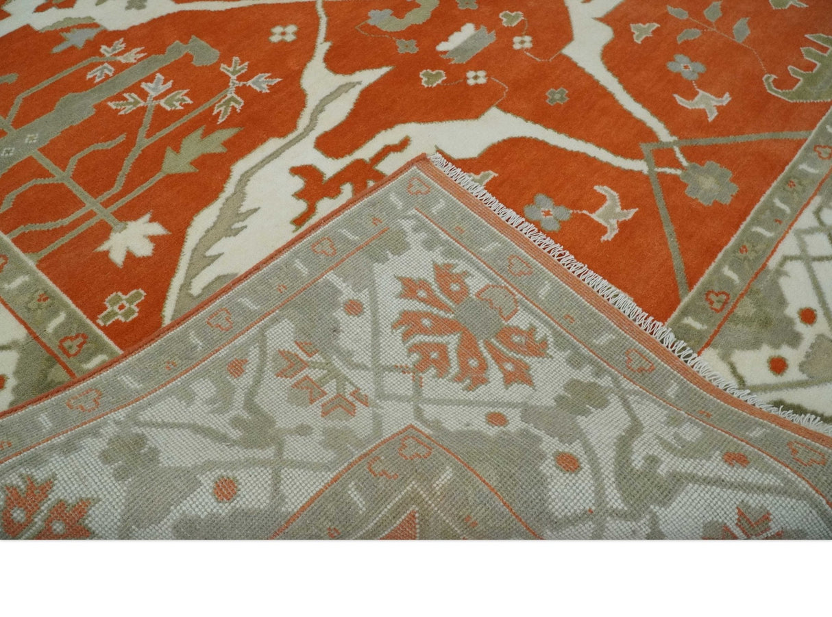 Orange, Ivory and Olive Hand knotted Oriental Oushak 9x12 wool Area Rug