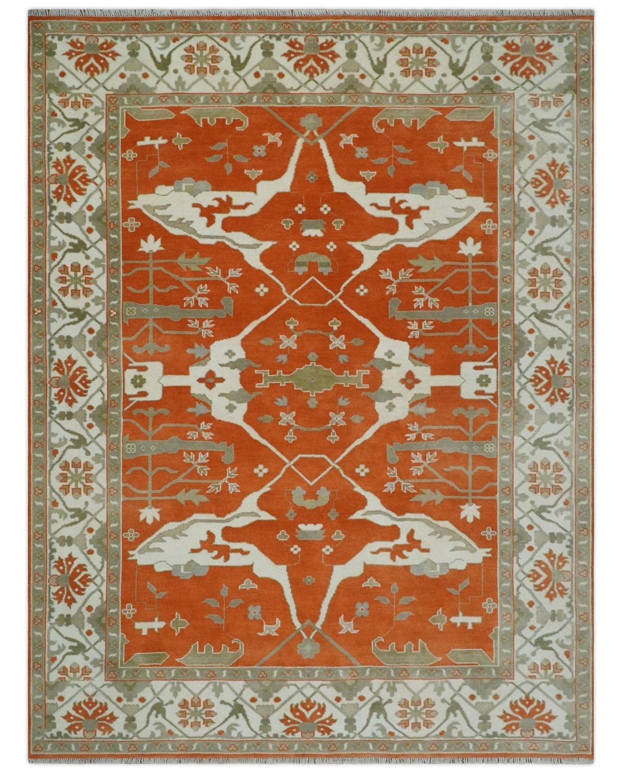 Orange, Ivory and Olive Hand knotted Oriental Oushak 9x12 wool Area Rug