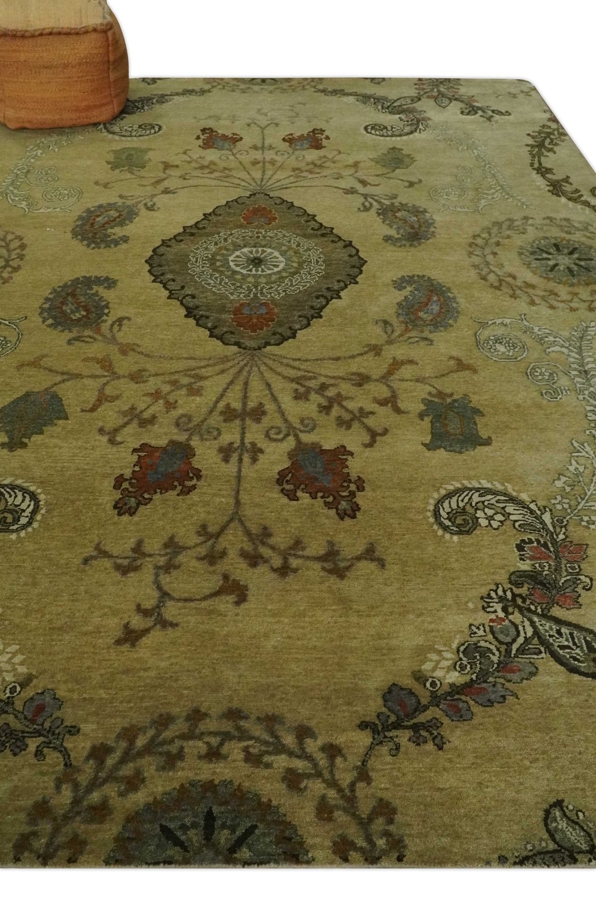 Oriental Floral Hand knotted Olive and Green 8x10 and 8.7x11.8 wool Area Rug