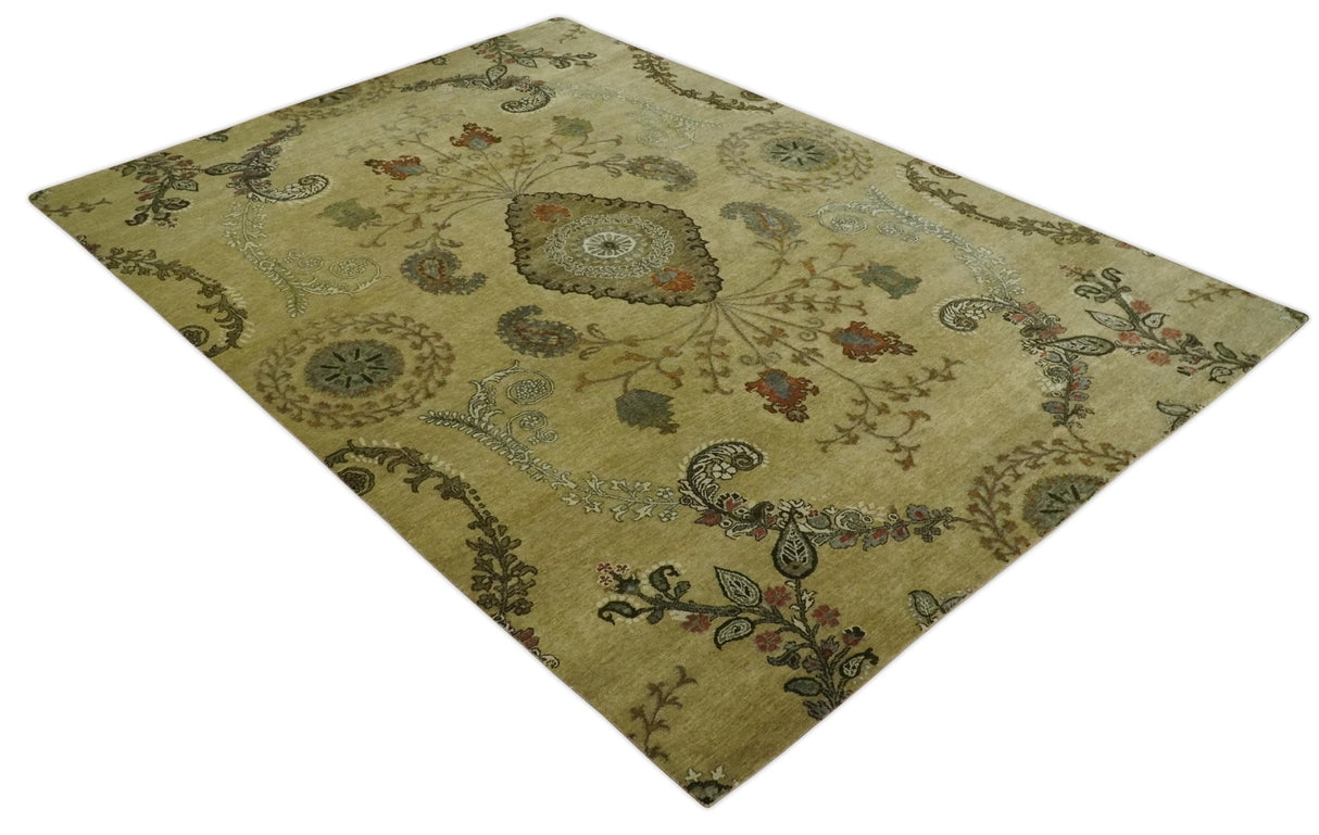 Oriental Floral Hand knotted Olive and Green 8x10 and 8.7x11.8 wool Area Rug