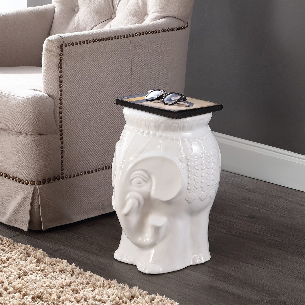 Orla modern bohemian elephant ceramic garden stool - Tuesday Morning - Outdoor Tables