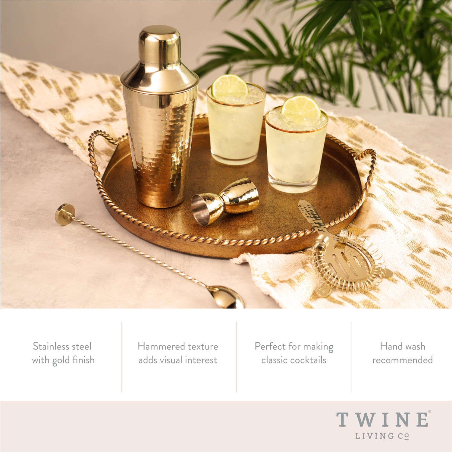 Gold hammered barware set by twine