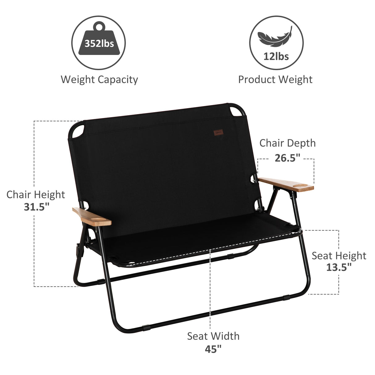 Outsunny double folding camping chair, loveseat for 2 adults, portable camping couch, black - Tuesday Morning - Outdoor Chairs