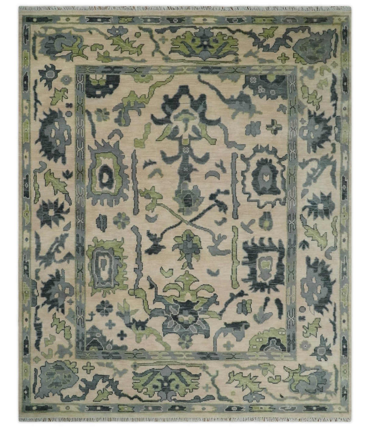 Peach, Charcoal and Green Hand knotted 8x10 and 9x12 Oushak Traditional Wool Area Rug
