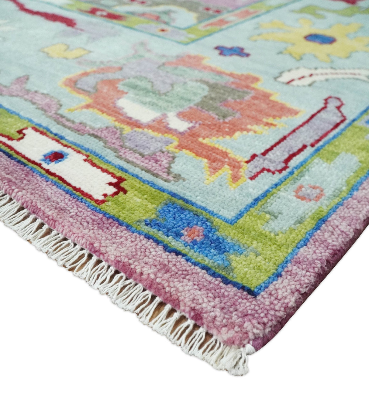 Colorful Hand knotted Traditional Oushak Pink And Ivory Custom Made wool Area Rug