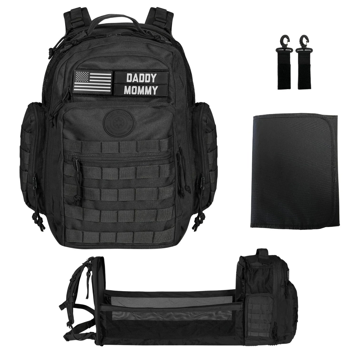 Phil & Jack Dad Diaper Bag Backpack, Baby Diaper Bag with Changing Station, Tactical Military Style, Womens Mens Diaper Bag (Black)