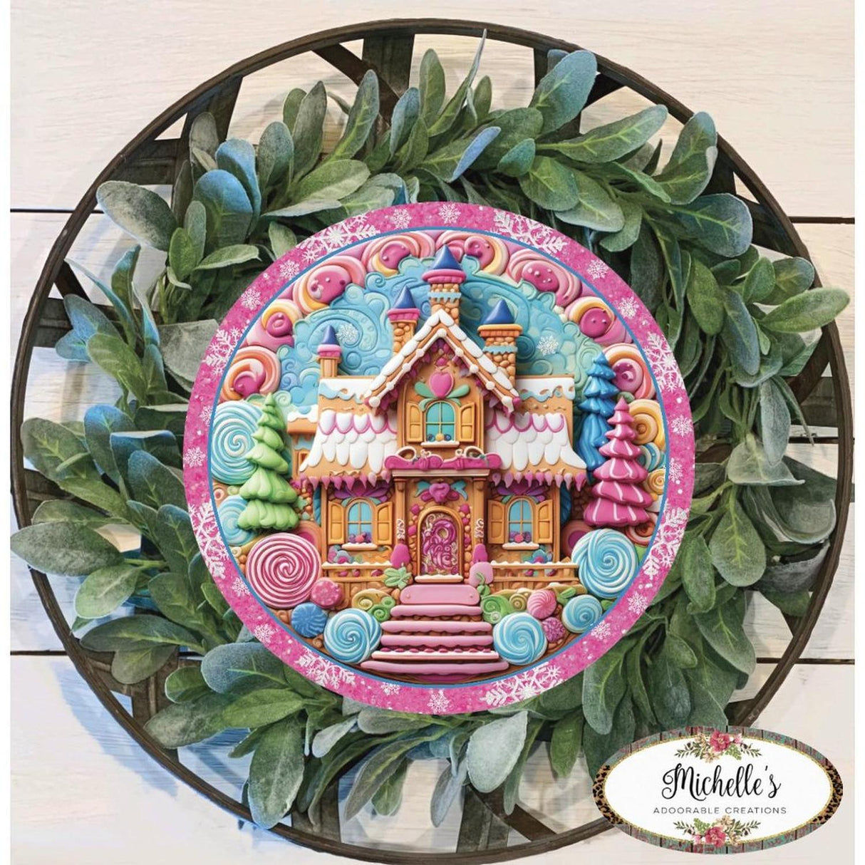 Pink Candy Gingerbread Cookie House Faux 3D Sign - Wreath Enhancement