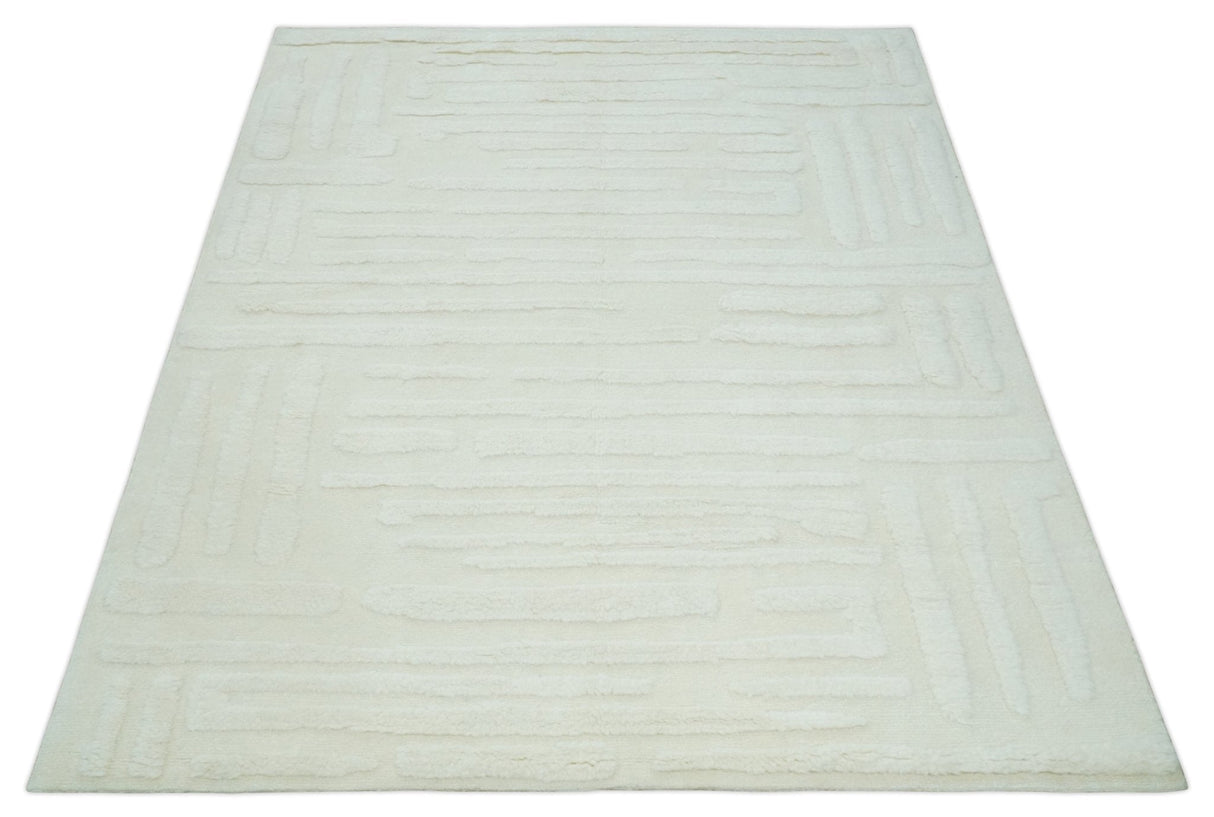 Premium 8x10 carved Texture Ivory hand knotted wool Area rug
