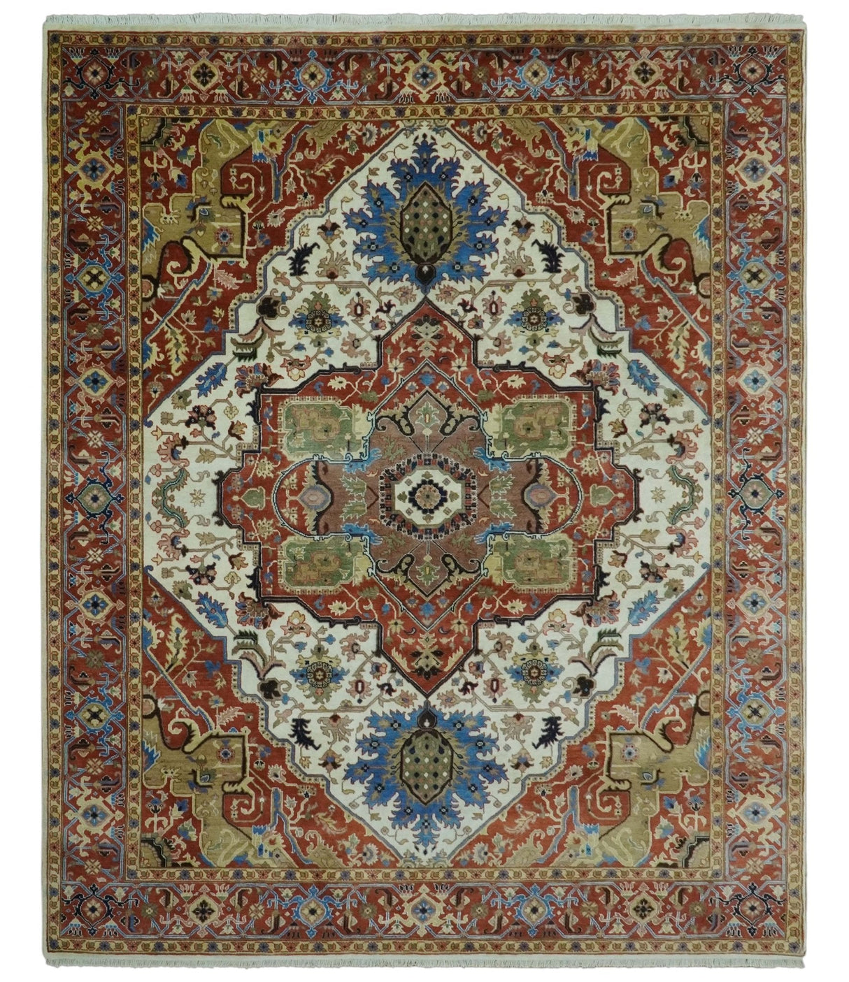 Premium Fine 9x12 Rust, Ivory and Olive Hand Knotted wool area rug