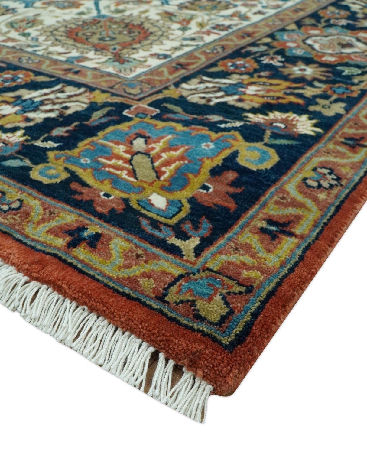 Premium Fine Hand Knotted Floral Rust, Ivory and Blue Traditional Heriz 8x10 wool area rug